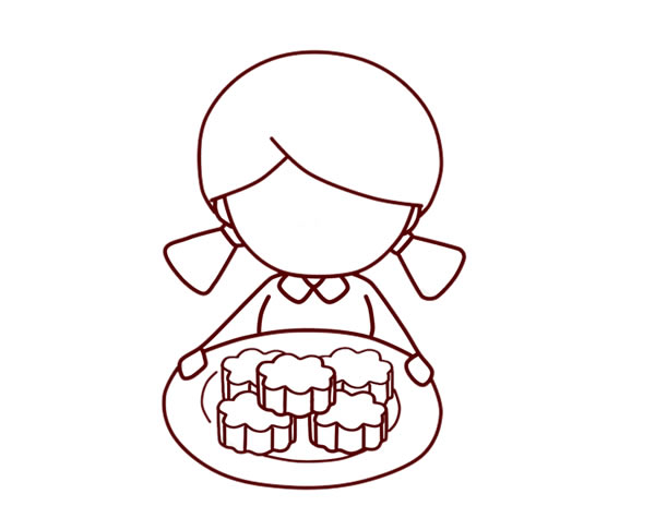 中秋节简笔画_中秋节端着月饼的小女孩简笔画步骤图解教程