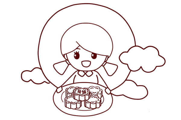 中秋节简笔画_中秋节端着月饼的小女孩简笔画步骤图解教程