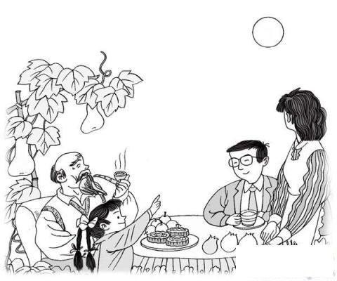 关于中秋节的简笔画图片：一家人团圆话中秋