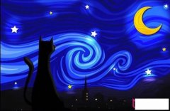 星空下的猫,好看的夜景儿童画图片