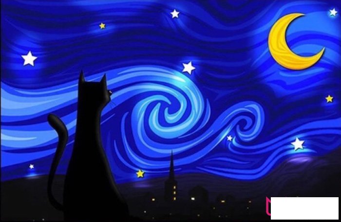 星空下的猫,好看的夜景儿童画图片