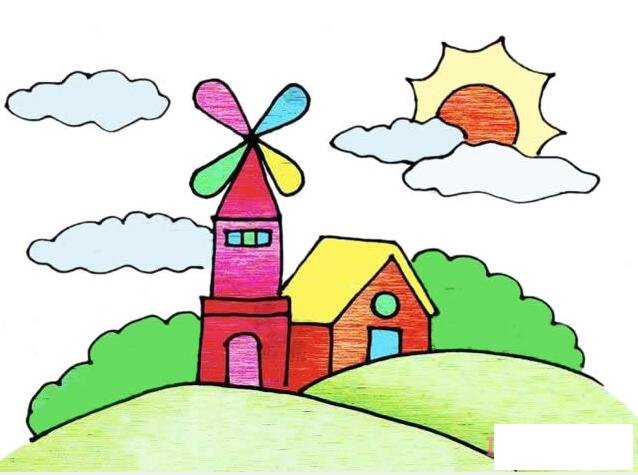 山顶风车建筑的画法步骤图涂颜色简单又漂亮