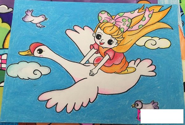 儿童画图片,天鹅与女孩儿童画