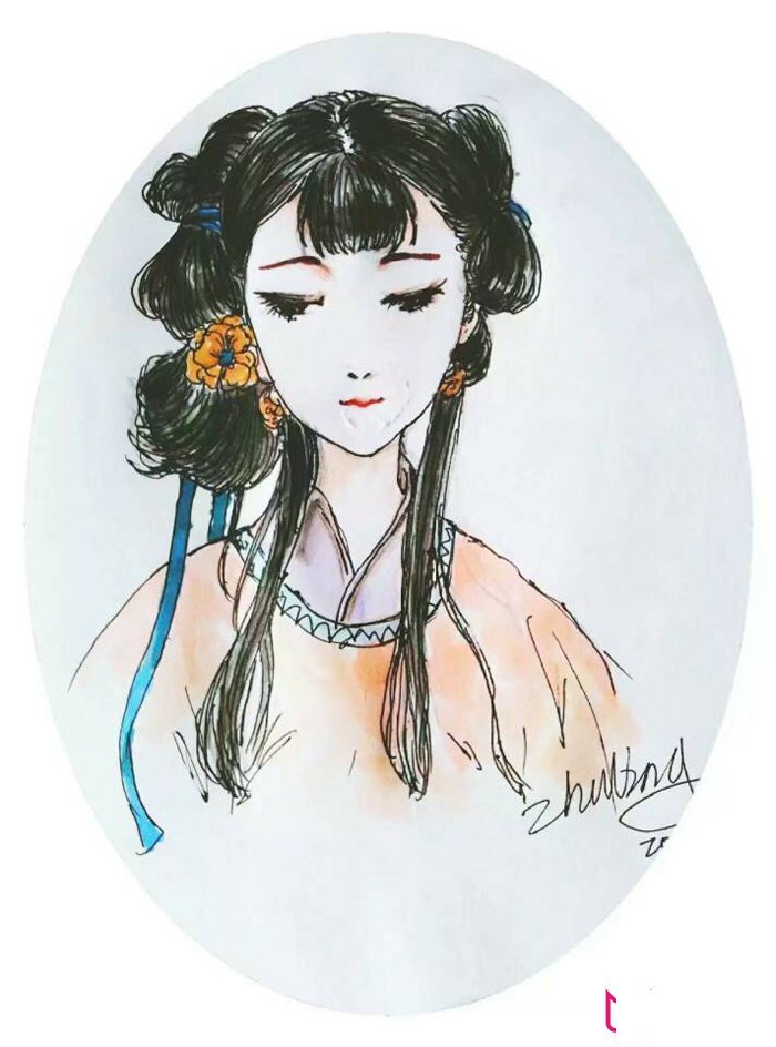 中国风儿童画图片，低眉的女子