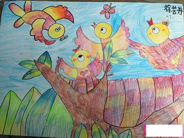 漂亮的儿童画图片,小鸟喂食